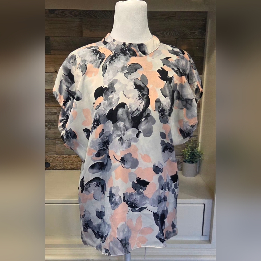 Misa Los Angeles GORGEOUS! White, Pink, Gray & Blk Floral Cowl Neck Blouse W/Tie